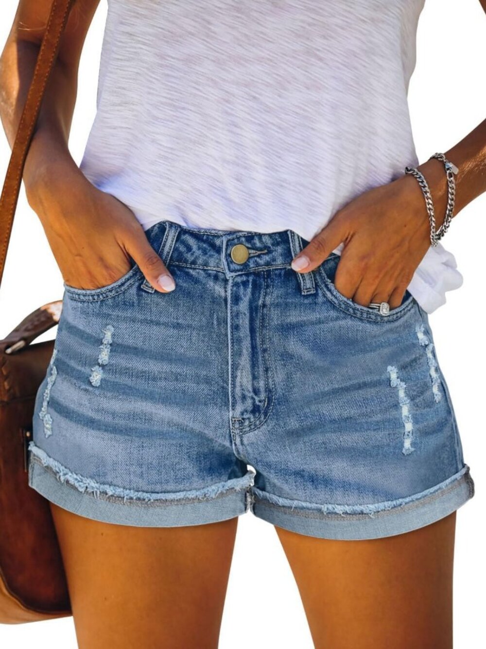 Mid Rise Ripped Denim Shorts for Women | Stretchy Folded Hem Hot Jean Shorts